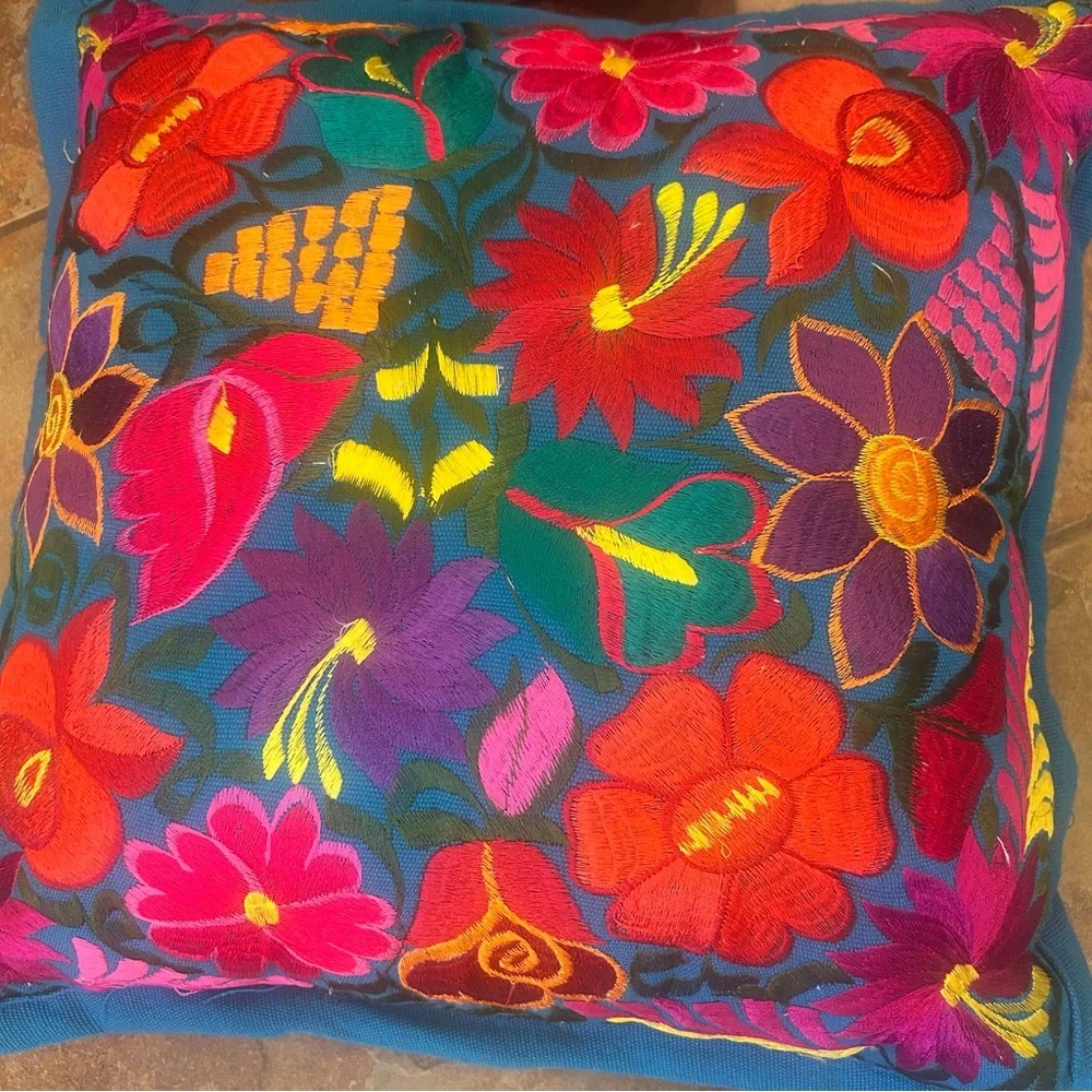 Mexican Chiapas Region Floral Embroidered Throw Pillows Set of 2